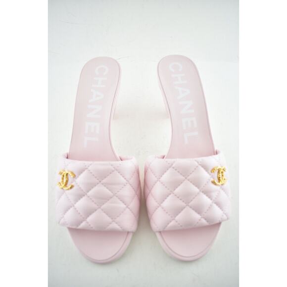Chanel 22P Light Pink Lambskin Quilted CC Logo Cone Heel Mule Slide Sandal 42 - Picture 5 of 11